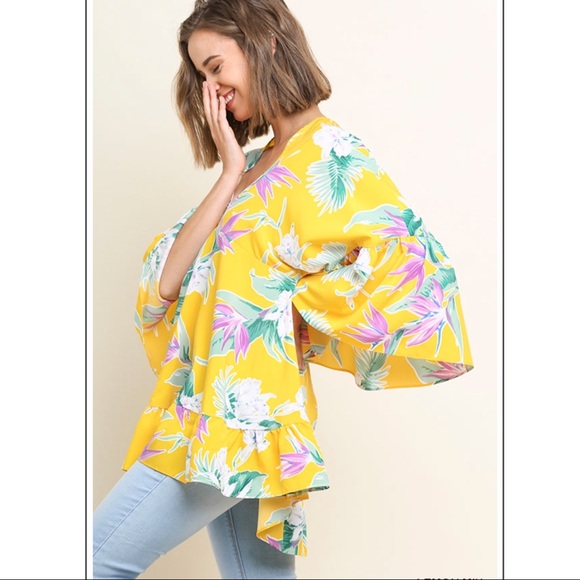 Tropical Print Bell Sleeve V-Neck Hi Lo Blouse - Picture 3 of 10